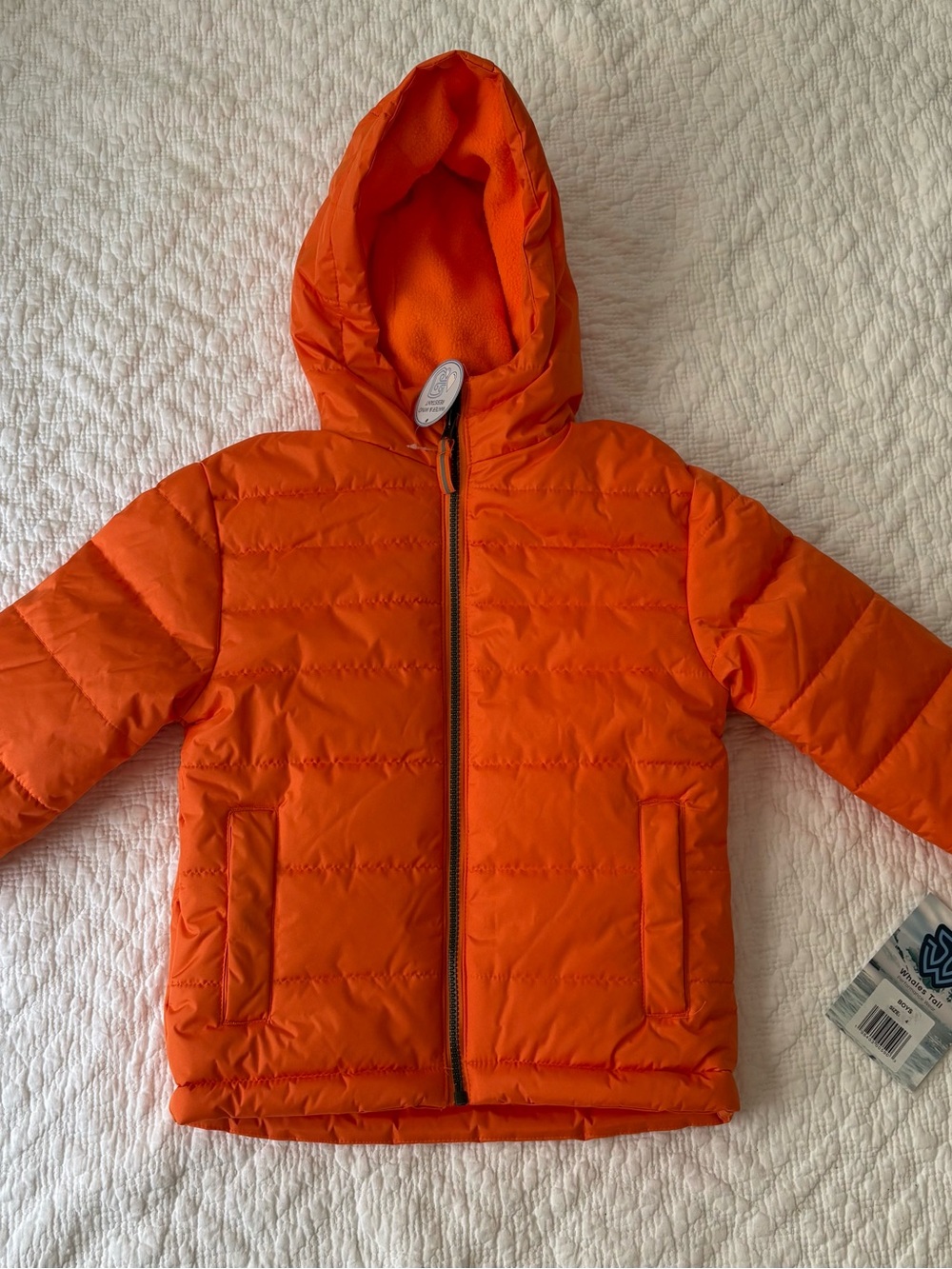 NWT Whales Tail Performance Wear Orange Hooded Puffer Jacket size 4.